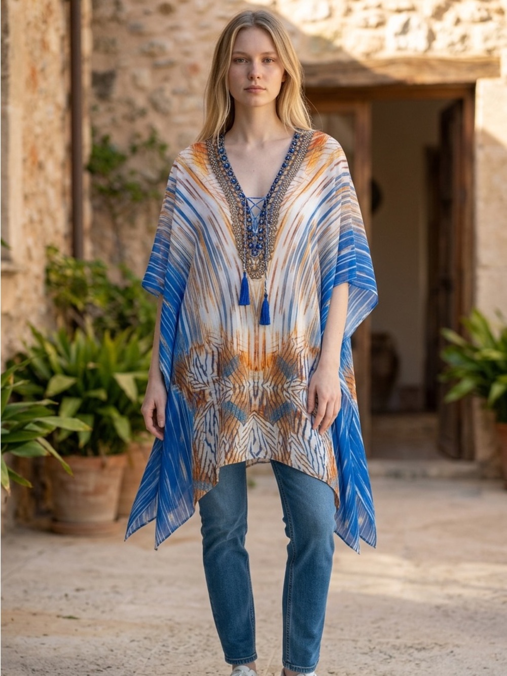 Embellished Blue & Orange Women's Swim Coverup Kaftan one size